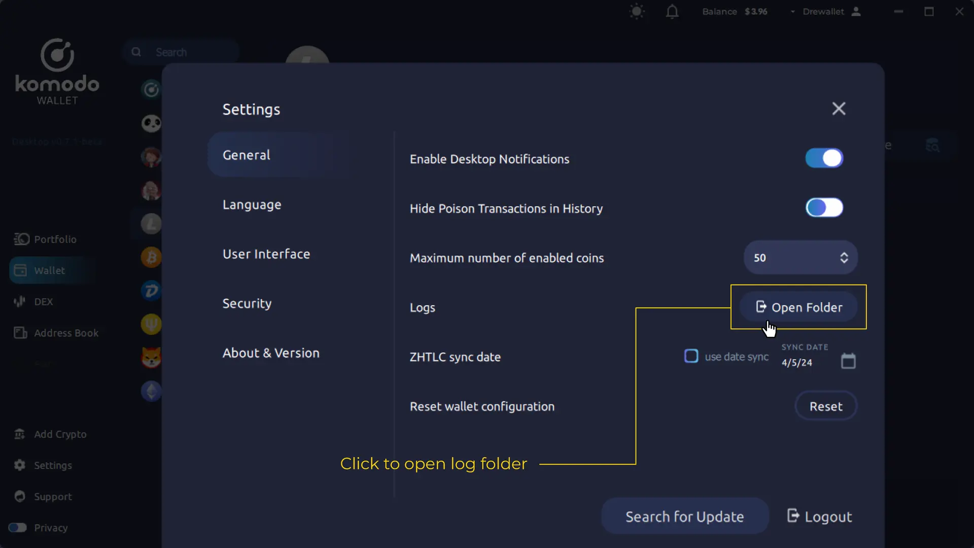 Accessing Komodo Wallet Log Files